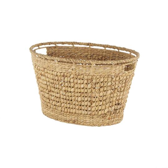 30" Brown Seagrass Handmade Woven Oval Storage Basket with Elevated Rim & Slot Handles